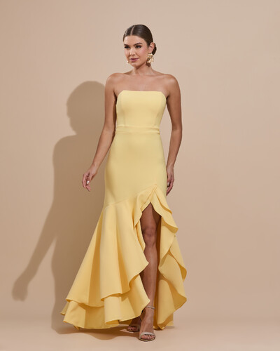 Foto Vestido Longo com Fenda de Babados Alfaiataria Amarelo Manteiga