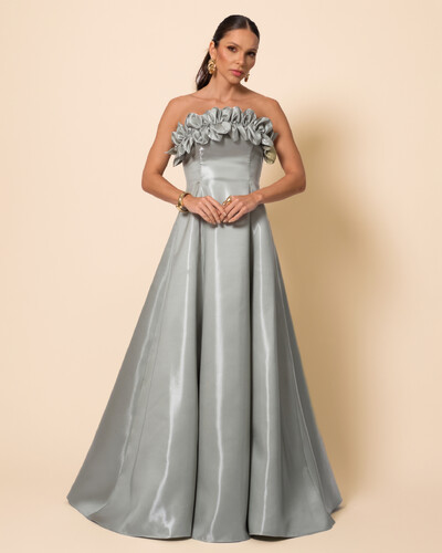 Foto Vestido de Festa Longo Cetim Cristal Tomara que Caia com Flor 3D Verde Menta