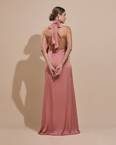 Foto Vestido de Festa Longo Cetim Fluido Frente Única Degagê Mil Formas Rosa Blush