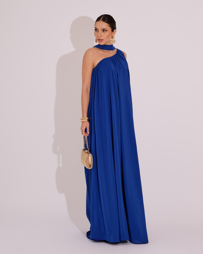 Foto Vestido de Festa Longo Crepe Fluido um Ombro Só com Lenço Azul Royal
