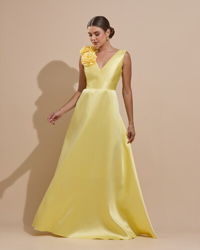 Foto Vestido de Festa longo Zibeline Decote em V com Flores Removivel Amarelo Manteiga