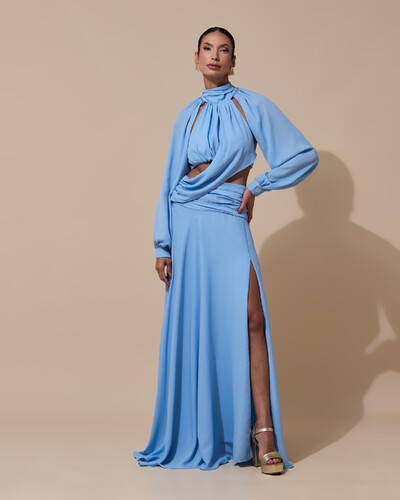 Foto Vestido de Festa Longo Gola Alta Crepe Chiffon Recortes Drapeado Manga Longa Fenda Serenity