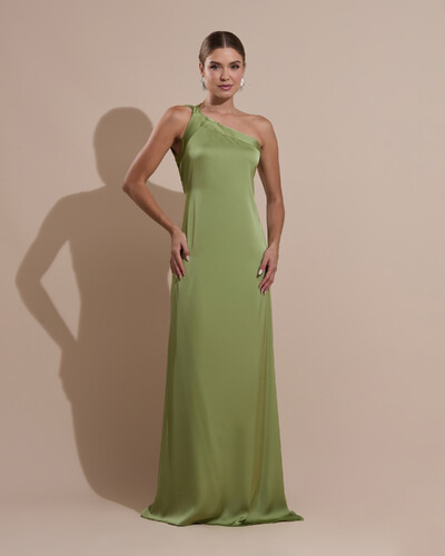 Foto Vestido de Festa Longo Cetim Fluido Um Ombro Só Amarração Costas Verde Pistache