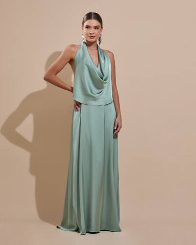 Foto Vestido de Festa Longo Cetim Fluido Frente Única Degagê Mil Formas Verde Menta