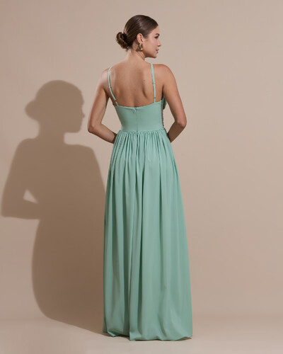 Foto Vestido de Festa Longo Crepe Chiffon Drapeado com Alças Finas Verde Menta