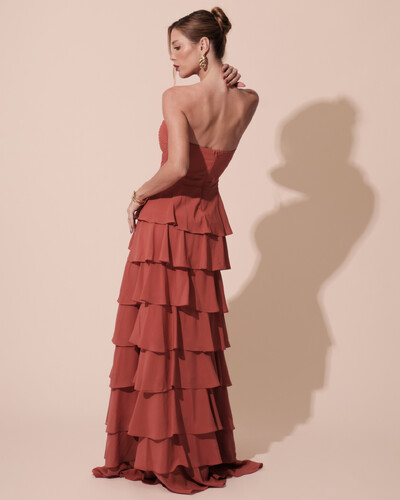 FotoVestido Longo Crepe Chiffon Tomara que Caia Plissado em Camadas Terracota