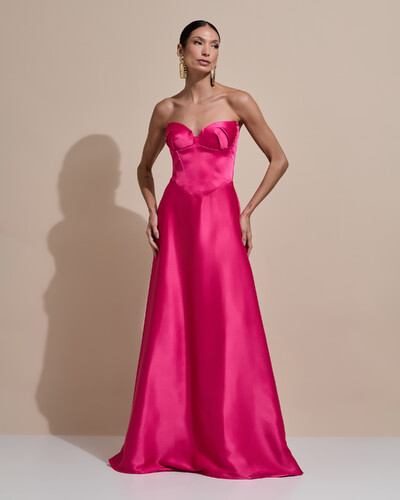Foto Vestido de Festa Longo Tomara que Caia Cetim Decote Coração Drapeado Pink