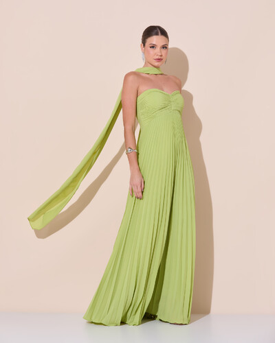 Foto Vestido de Festa Longo Tomara que Caia Plissado com Lenço Verde Claro