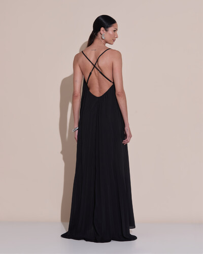 Foto Vestido de Festa Longo Plissado Crepe Chiffon Decote V Alças Finas Preto