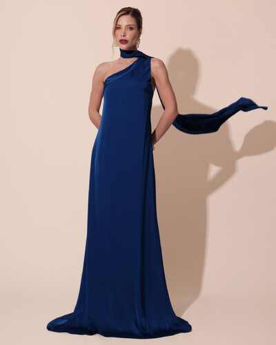 Foto Vestido de Festa Longo Cetim Fluido Um Ombro Só Azul Royal New