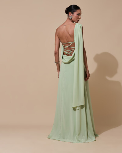 Foto Vestido de Festa Longo Tomara que Caia Crepe Chiffon Lenço Drapeado Costas Trançada Verde Menta New