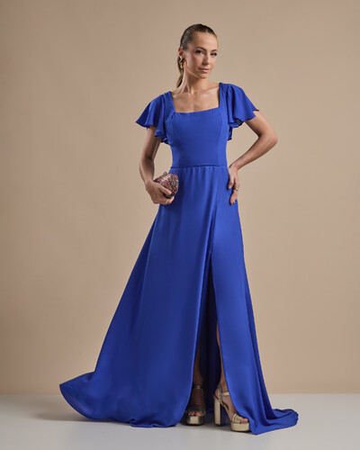 Foto Vestido de Festa Longo Crepe Chiffon Manga Babado e Fenda Azul Royal