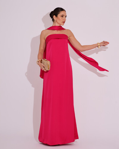 Foto Vestido Longo de Festa Tomara que Caia Cetim com Lenço Pink