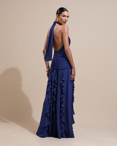 Foto Vestido de Festa Longo Frente Única Crepe Chiffon Drapeado Babados Cascata Azul Marinho