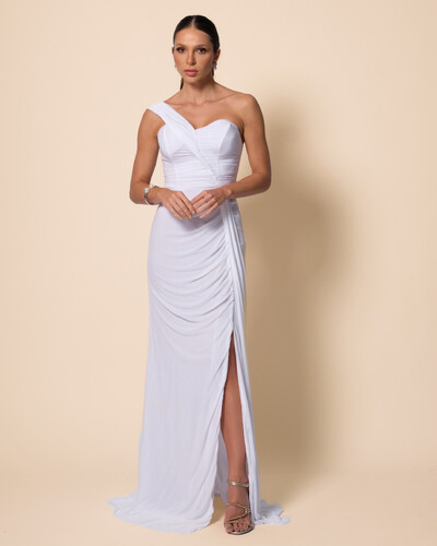 Foto Vestido de Festa Longo Tule Tomara que Caia Faixa Detalhe Drapeado e Fenda Branco