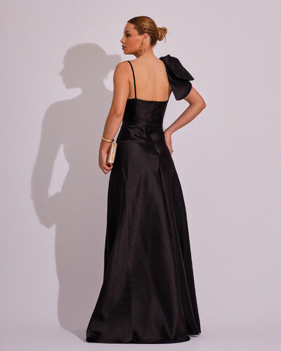 FotoVestido de Festa Longo em Zibeline com Laço Removível Preto
