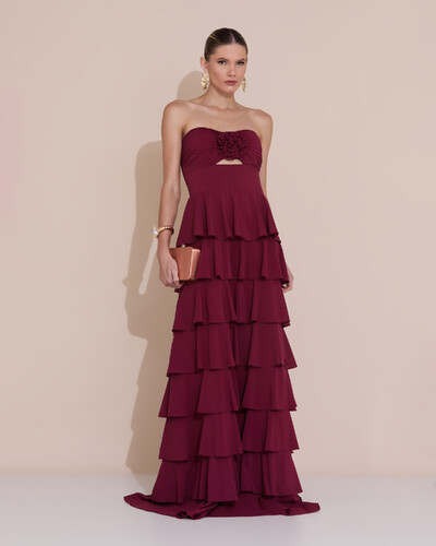 Foto Vestido de Festa Longo Crepe Chiffon Tomara que Caia Plissado Flor Camadas Marsala New