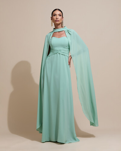 Foto Vestido de Festa Longo Tomara Que Caia Crepe Chiffon Drapeado Capa Verde Menta