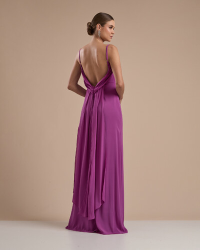 FotoVestido de Festa Longo Crepe Chiffon Costas Lenço Cauda Fúcsia