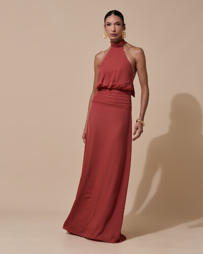 Foto Vestido de Festa Longo Frente Única Busto Blousê Crepe Chiffon Drapeado Terracota