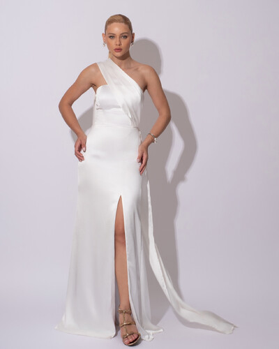 Foto Vestido de Festa Longo Cetim Alfaiataria Tomara que Caia com Faixa Lenço Branco