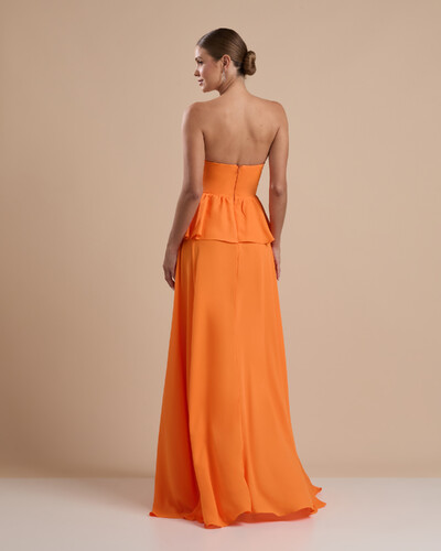 FotoVestido de Festa Longo Crepe Chiffon Tomara que Caia Peplum Drapeado Laranja