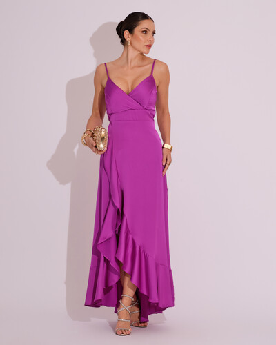 Foto Vestido Midi Babado Acetinado Fúcsia