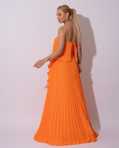 FotoVestido de Festa Longo Crepe Chiffon Tomara que Caia Plissado com Babado Cascata Laranja