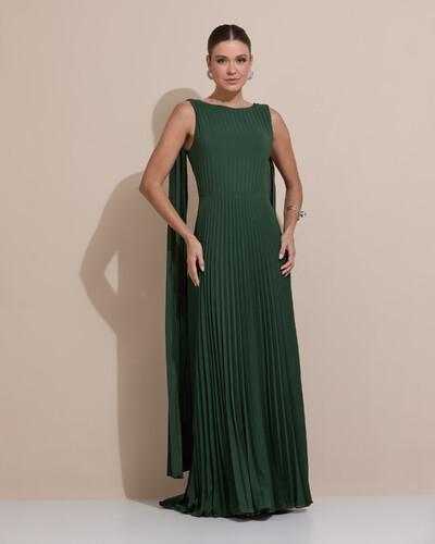 Foto Vestido de Festa Longo Crepe Chiffon Plissado com Lenço nas Alças Verde Escuro New