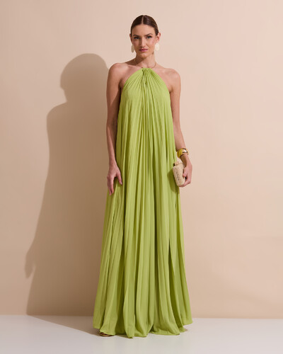 Foto Vestido de Festa Longo Frente Única Plissado Crepe Chiffon Argola Verde Garden