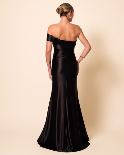 FotoVestido de Festa Longo Cetim Malha Metálico Ombro a Ombro Preto