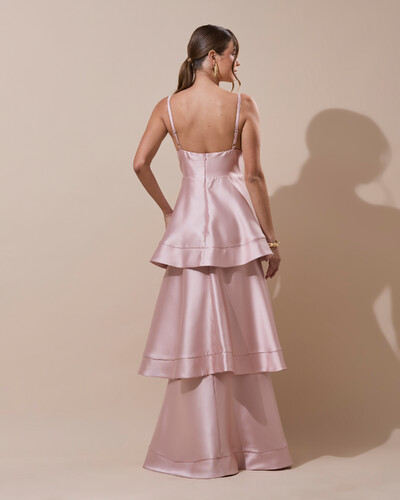 Foto Vestido de Festa Longo Zibeline em Camadas Decote em V com Alças Rosa Nude