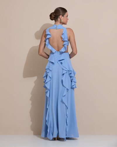 Foto Vestido de Festa Longo Gola Alta Crepe Chiffon Recortes Babados Cascata Azul Atlantis
