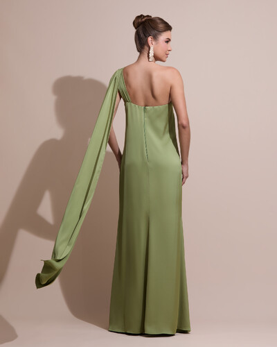 FotoVestido de Festa Longo Cetim Fluido Um Ombro Só Verde Pistache