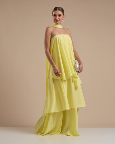 Foto Vestido de Festa Longo Chiffon Crepe em Camadas com Lenço Amarelo Manteiga