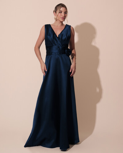 Foto Vestido de Festa Longo Plus Size Zibeline Faixa e Flor Azul Marinho