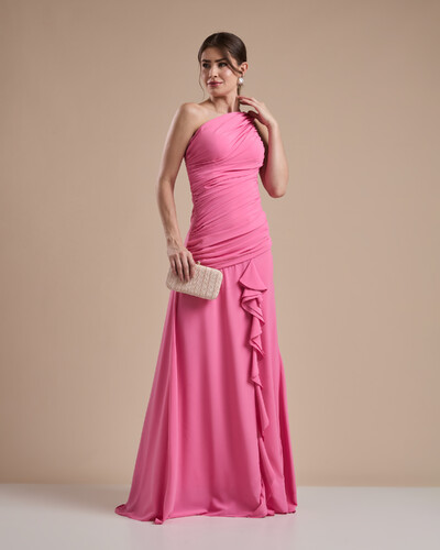 Foto Vestido de Festa Longo Crepe Chiffon Um Ombro Só Drapeado com Babado Cascata Rosa