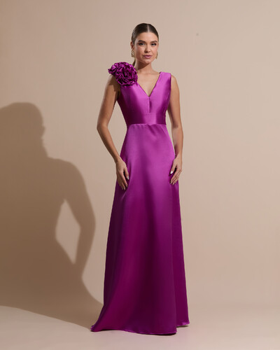 Foto Vestido de Festa longo Zibeline Decote em V com Flores Removivel Fúcsia
