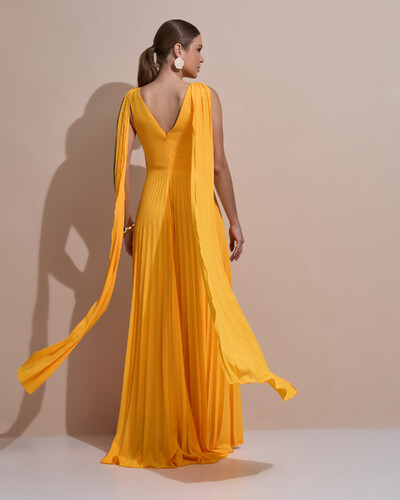 Foto Vestido de Festa Longo Crepe Chiffon Plissado com Lenço nas Alças Laranja Manga New