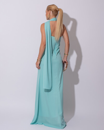 FotoVestido de Festa Longo Crepe Chiffon Um Ombro Só Drapeado Lenço Fixo Tiffany