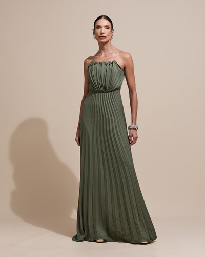 Foto Vestido de Festa Longo Tomara que Caia Plissado Detalhe Verde Oliva
