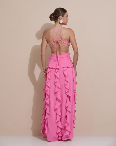 Foto Vestido de Festa Longo Decote V Recortes Drapeado Crepe Chiffon Babados Cascata Rosa
