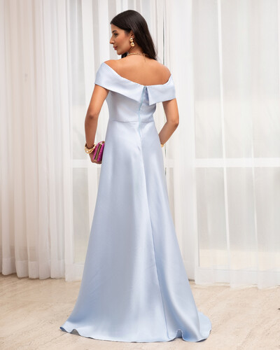 FotoVestido de Festa Longo Ombro a Ombro Laço Zibeline com Fenda Azul Serenity