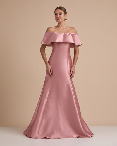 Foto Vestido de Festa Longo Zibeline Ombro a Ombro com Babado Rose