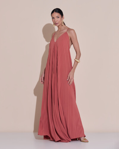 Foto Vestido de Festa Longo Plissado Crepe Chiffon Decote V Alças Finas Terracota