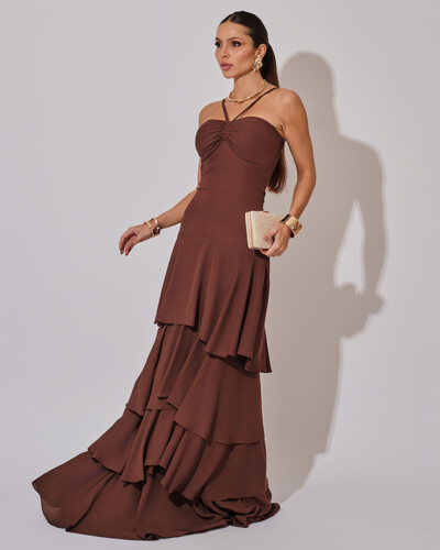 Foto Vestido Longo Crepe com Babado em Camadas Marrom