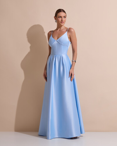 Foto Vestido de Festa Longo Alça Fina Decote V Cetim Saia Evasê Serenity