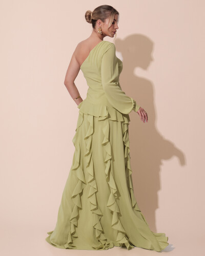 Foto Vestido de Festa Longo Crepe Um Ombro Só Manga Longa e Babados Cascata Verde Garden