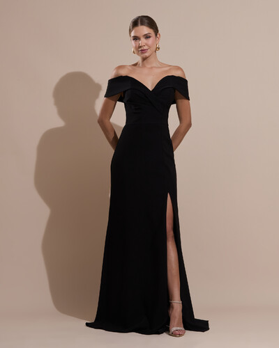 Foto Vestido de Festa Longo Alfaiataria Ombro a Ombro com Fenda Preto