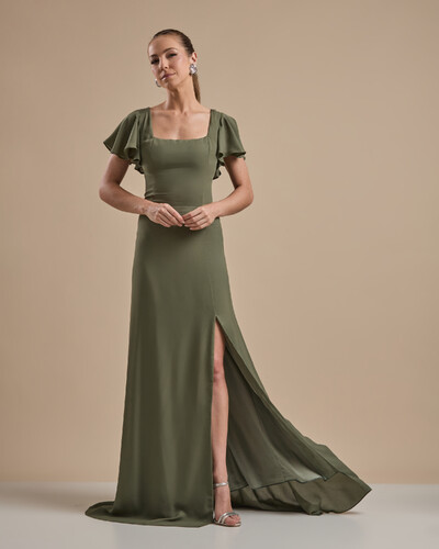 Foto Vestido de Festa Longo Crepe Chiffon Manga Babado e Fenda Verde Oliva